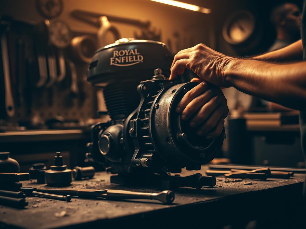 Mechanic rebuilding a Royal Enfield engine